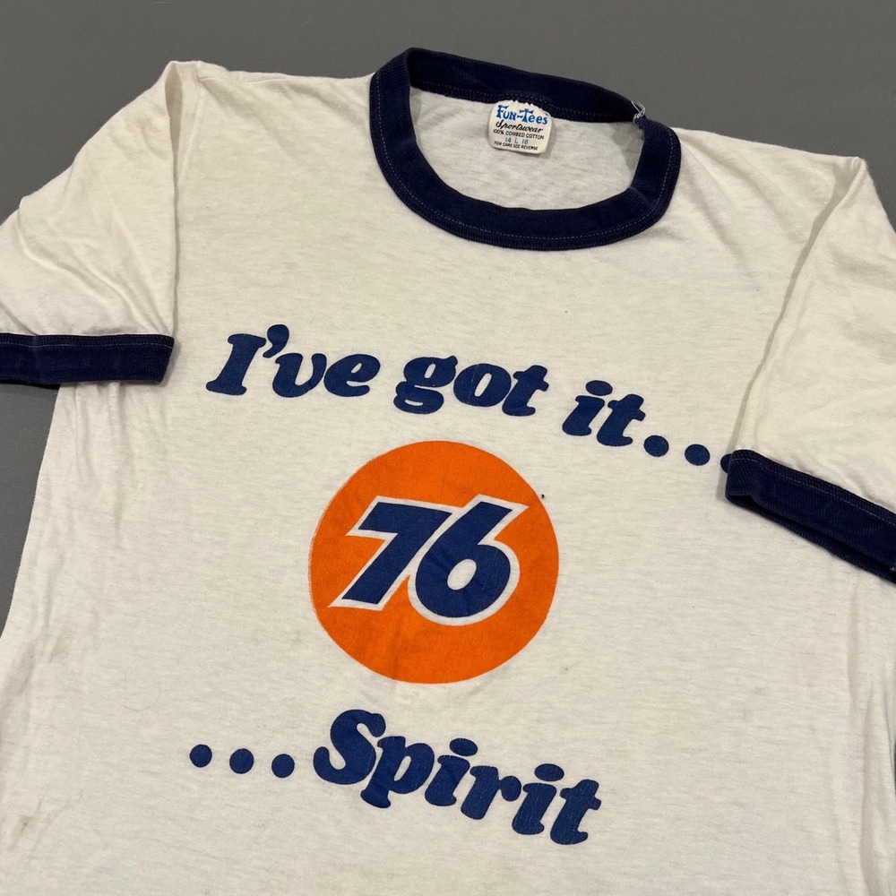 Vintage 70s Union 76 Spirit Ringer T-Shirt Fun-Tees Sportswear White Navy Large